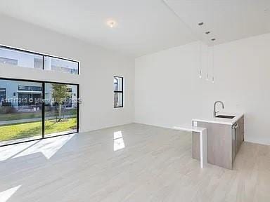 empty room with light wood-style floors and a sink