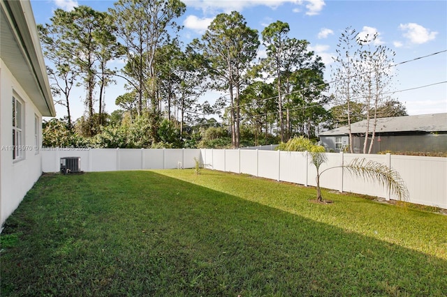 view of yard with central air condition unit and a fenced backyard