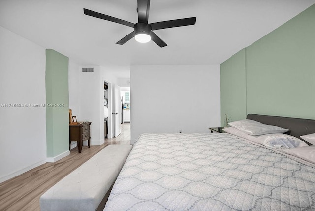 bedroom featuring ceiling fan and light wood-type flooring