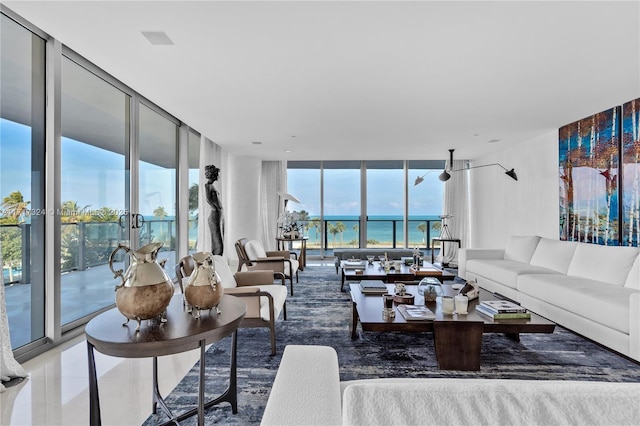 living room featuring a water view, a wall of windows, and a healthy amount of sunlight