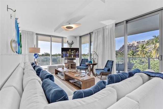 living room featuring a wall of windows