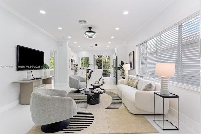 living room featuring ornamental molding