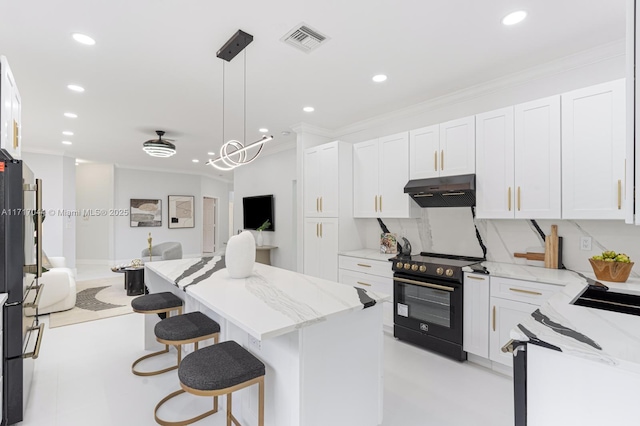 kitchen featuring white cabinets, crown molding, light stone countertops, black / electric stove, and decorative light fixtures