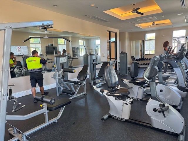 workout area with ceiling fan