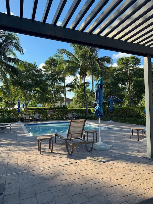 view of swimming pool featuring a pergola and a patio area