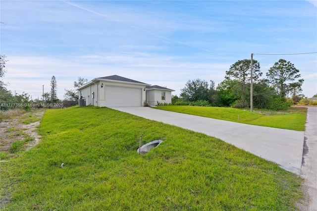 ranch-style home featuring a garage, central air condition unit, and a front lawn