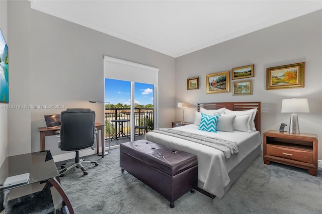 bedroom featuring access to outside, carpet, and ornamental molding