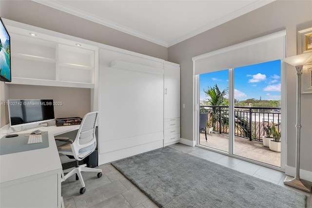 office space with light tile patterned floors and ornamental molding