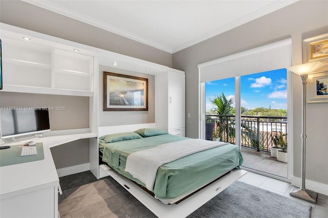 bedroom featuring light tile patterned floors, crown molding, and access to outside