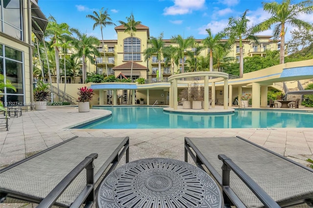 view of swimming pool with a patio area