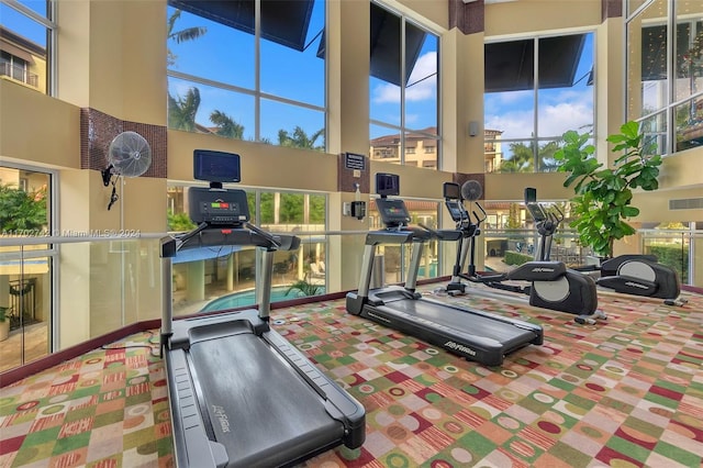 exercise room featuring a towering ceiling and carpet floors