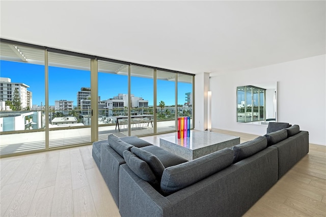 living room featuring light hardwood / wood-style flooring and a wall of windows