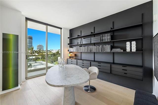 dining area with light hardwood / wood-style flooring and expansive windows