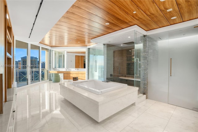 bathroom featuring expansive windows, wooden ceiling, and separate shower and tub