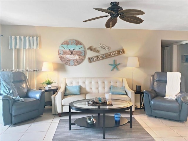 tiled living room with ceiling fan