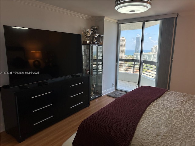 bedroom featuring crown molding, a view of city, wood finished floors, and access to exterior