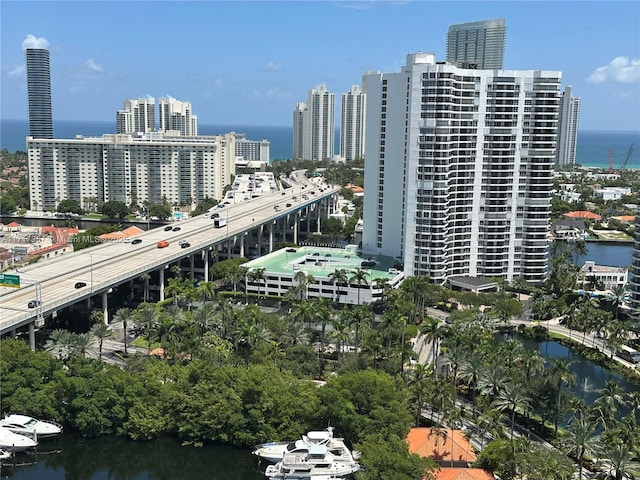 drone / aerial view featuring a water view and a city view