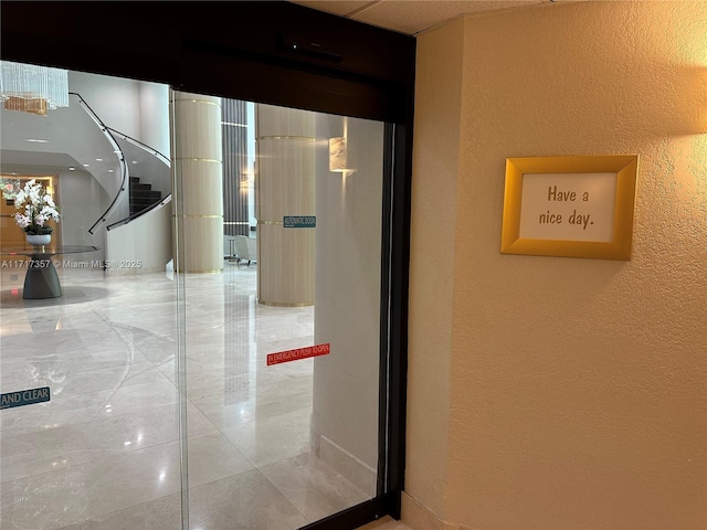 hallway with a textured wall