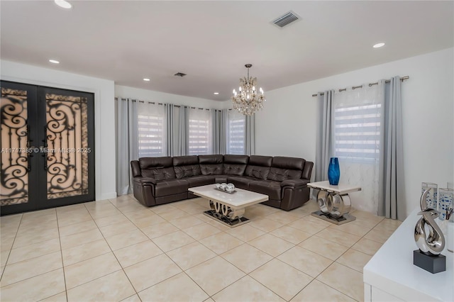 tiled living room with french doors