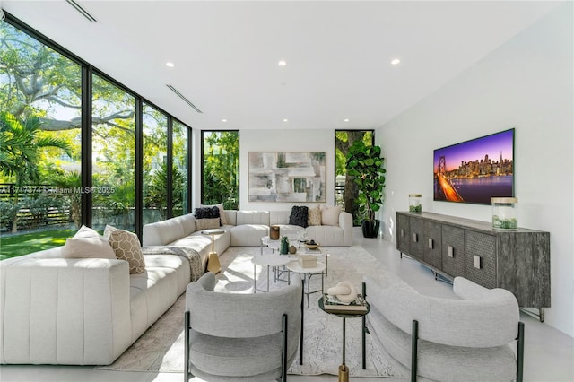 living room with a wall of windows