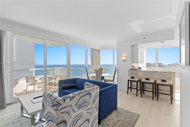 living room featuring a water view, ornamental molding, and light hardwood / wood-style flooring