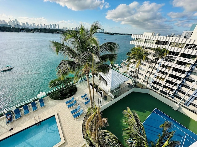 drone / aerial view featuring a water view