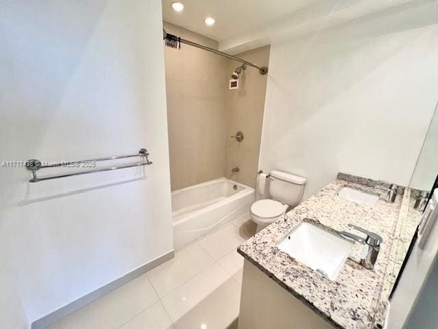 full bathroom with vanity, toilet, tiled shower / bath combo, and tile patterned flooring