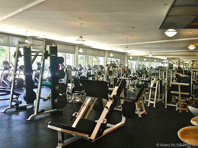 workout area featuring ceiling fan