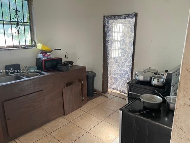 kitchen with light tile patterned floors, dark brown cabinets, a healthy amount of sunlight, and sink