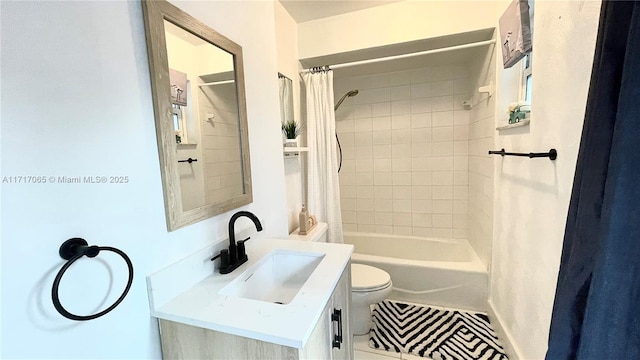 full bathroom with shower / bath combination with curtain, toilet, and vanity