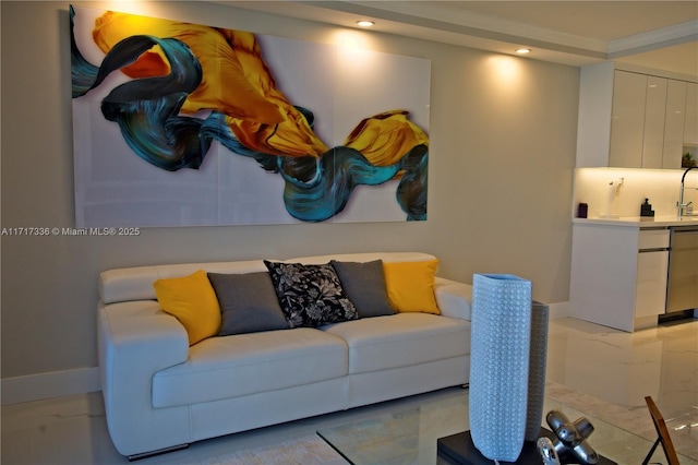 3849 NE 169th St Unit 302, North Miami Beach, FL 33160 - living area featuring light marble finish flooring and recessed lighting