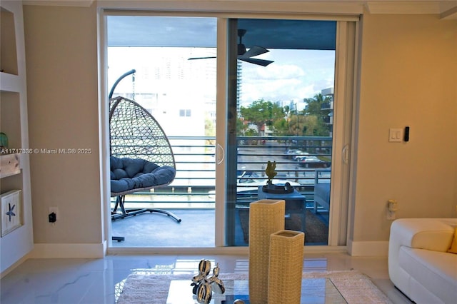 interior space featuring ceiling fan