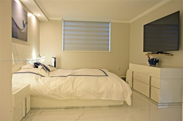 bedroom with marble finish floor and ornamental molding