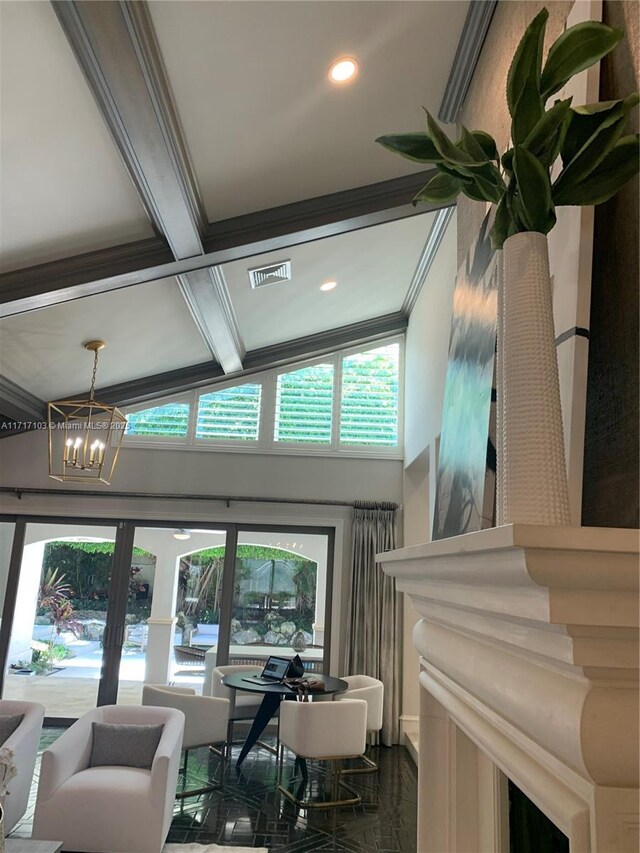 interior space featuring beam ceiling, a chandelier, and coffered ceiling