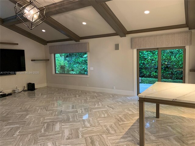 unfurnished living room featuring vaulted ceiling with beams