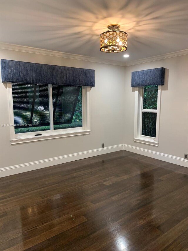 empty room featuring dark hardwood / wood-style flooring, crown molding, and a wealth of natural light