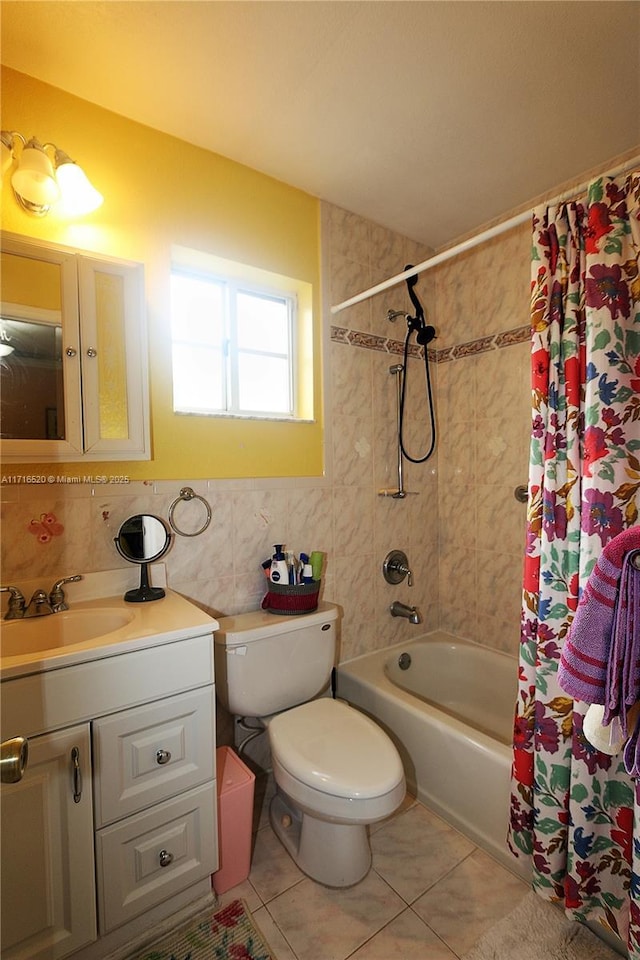 full bathroom with shower / bath combo, tile patterned floors, toilet, tile walls, and tasteful backsplash