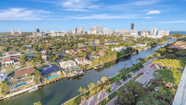 bird's eye view with a water view