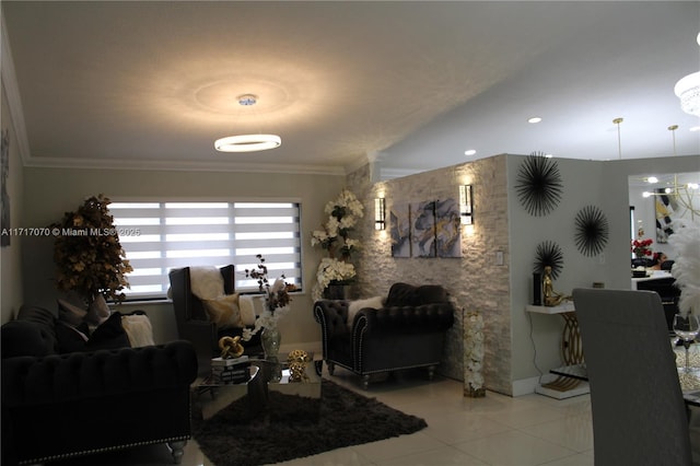 living room with light tile patterned floors and ornamental molding