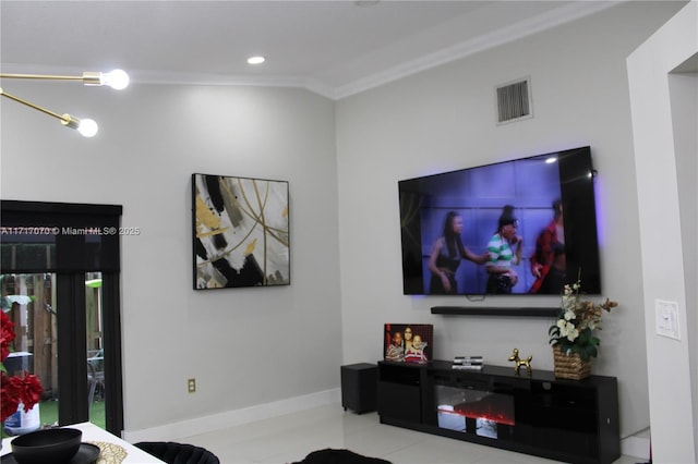 tiled living room featuring crown molding