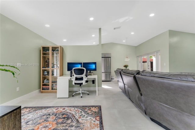 living room with lofted ceiling and french doors