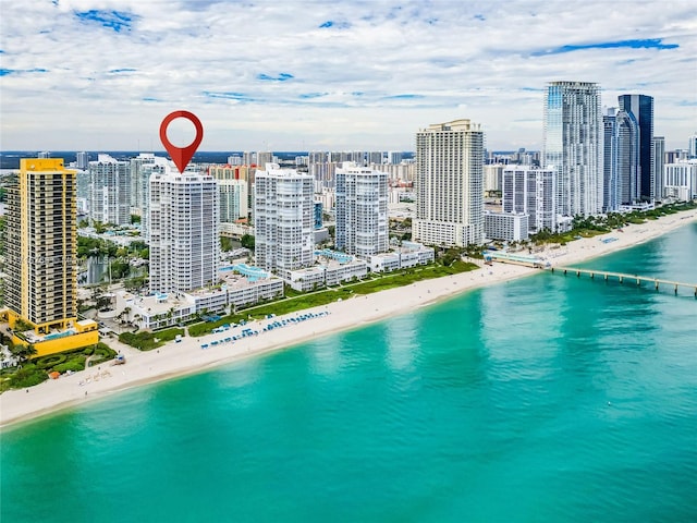 bird's eye view with a beach view and a water view