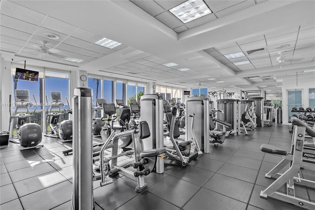 workout area featuring expansive windows and a drop ceiling