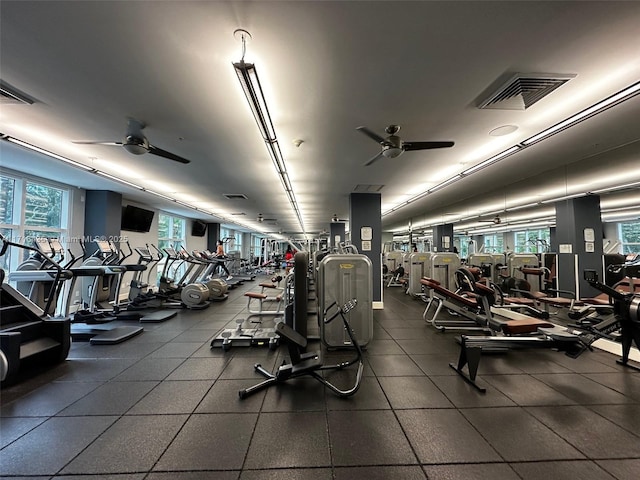 exercise room with a wealth of natural light and ceiling fan