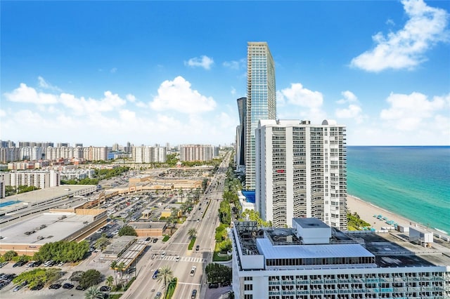 aerial view with a water view and a beach view