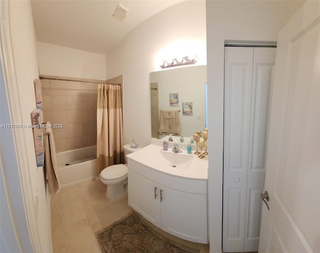 full bathroom with shower / bath combo, vanity, and toilet