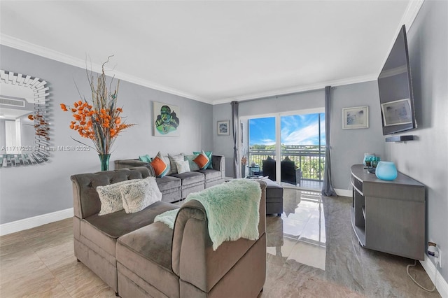 living room with ornamental molding