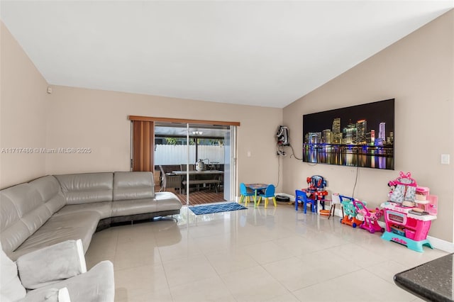 living room featuring tile patterned floors and lofted ceiling