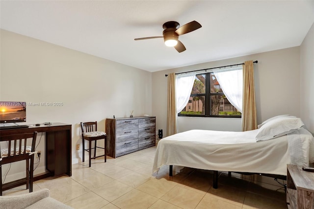 bedroom featuring ceiling fan and light tile patterned flooring