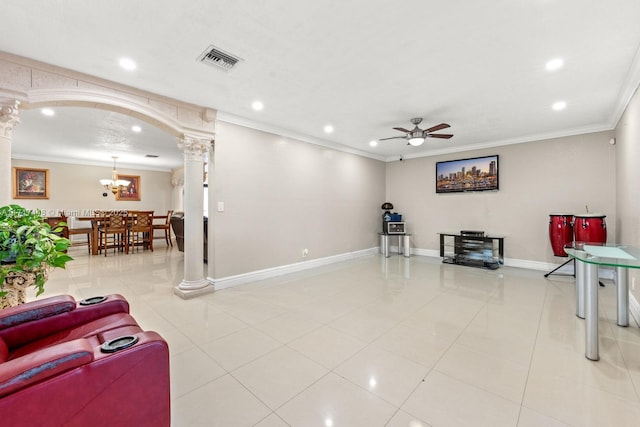 interior space featuring ceiling fan with notable chandelier, decorative columns, and crown molding